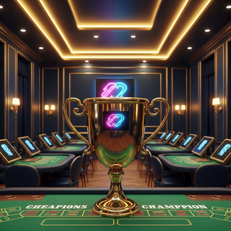 Royalzino Casino VIP rewards theme featuring a championship trophy in an exclusive gaming lounge